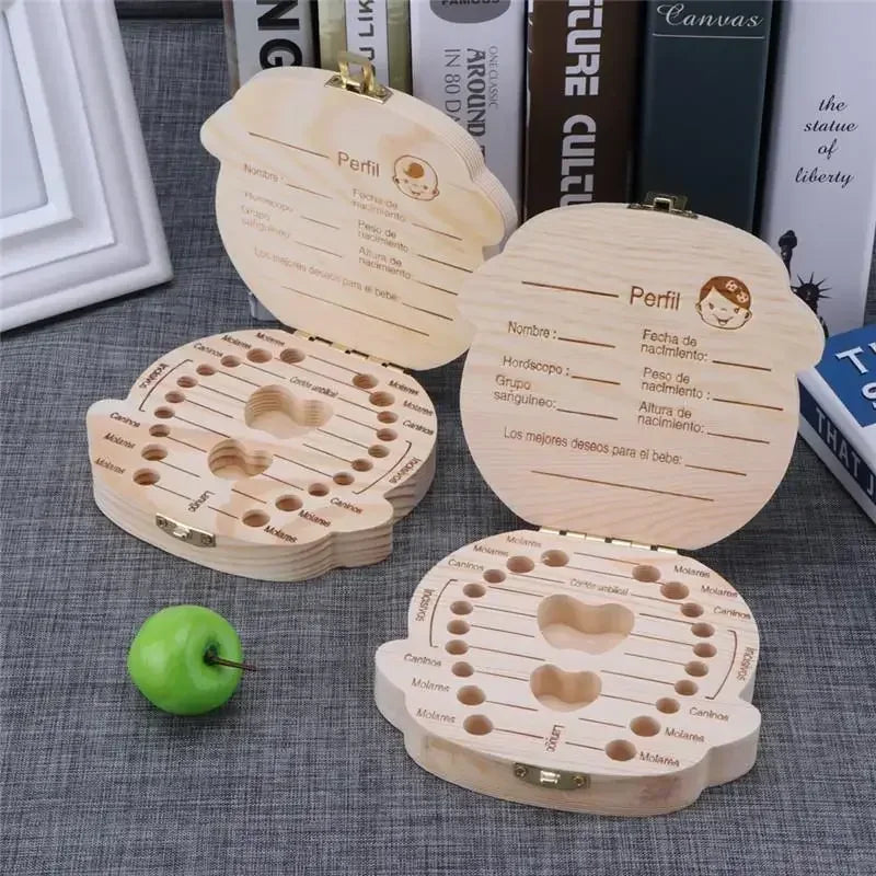 1Pc-Baby Tooth Box Spanish Wooden Children Periodontal Organizer Locker Boy Girl Baby Souvenir Gift