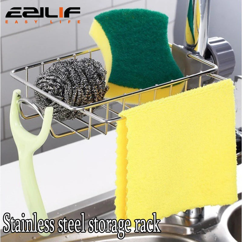 Faucet Storage Rack Stainless Steel Kitchen Sink Storage Rack Non Perforated Sponge Drain Basket Sink Cloth Hanging Basket