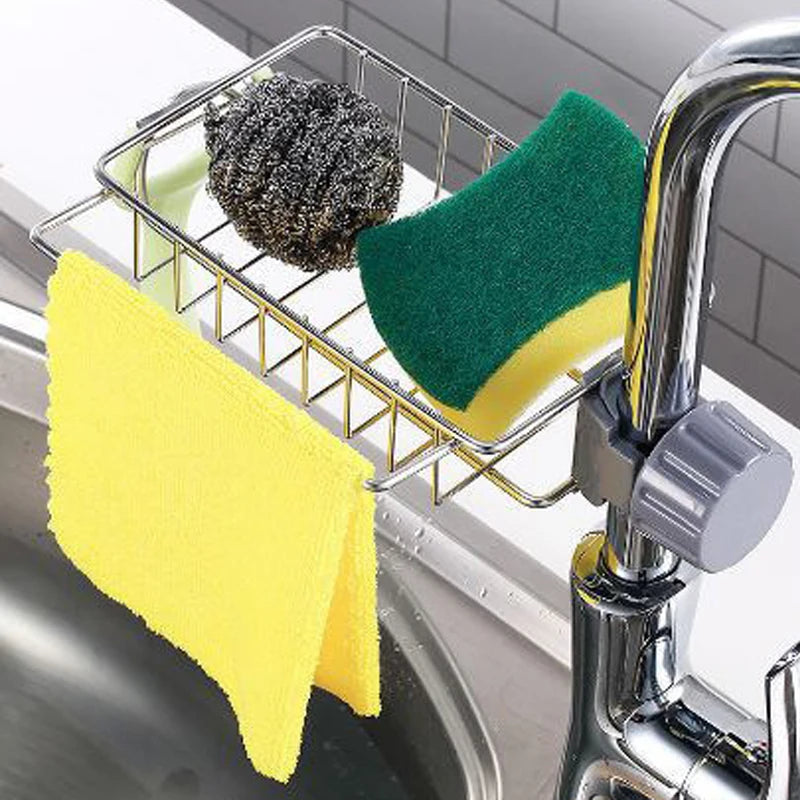 Faucet Storage Rack Stainless Steel Kitchen Sink Storage Rack Non Perforated Sponge Drain Basket Sink Cloth Hanging Basket