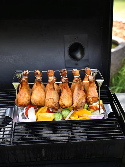 Chicken Leg Rack for Grill with Drip Tray- 14 Slots Chicken Wing Rack- Premium Stainless Steel Chicken Drumstick Rack for Smoker