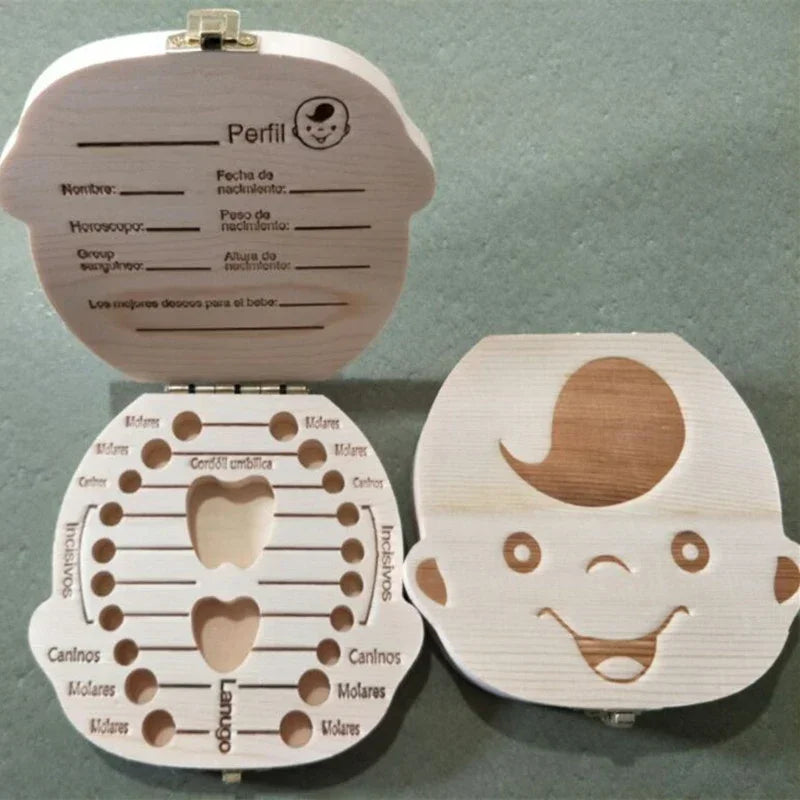 1Pc-Baby Tooth Box Spanish Wooden Children Periodontal Organizer Locker Boy Girl Baby Souvenir Gift