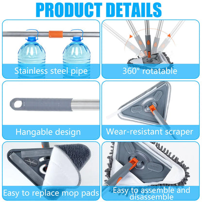 1Set Wall Mop with Long Handle 360° Rotating Triangle Microfiber Wall Cleaning Mop Adjustable Dry Wet Dust Mop Cleaner for Floor