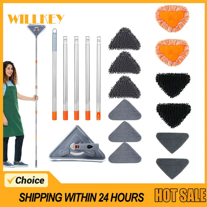 1Set Wall Mop with Long Handle 360° Rotating Triangle Microfiber Wall Cleaning Mop Adjustable Dry Wet Dust Mop Cleaner for Floor