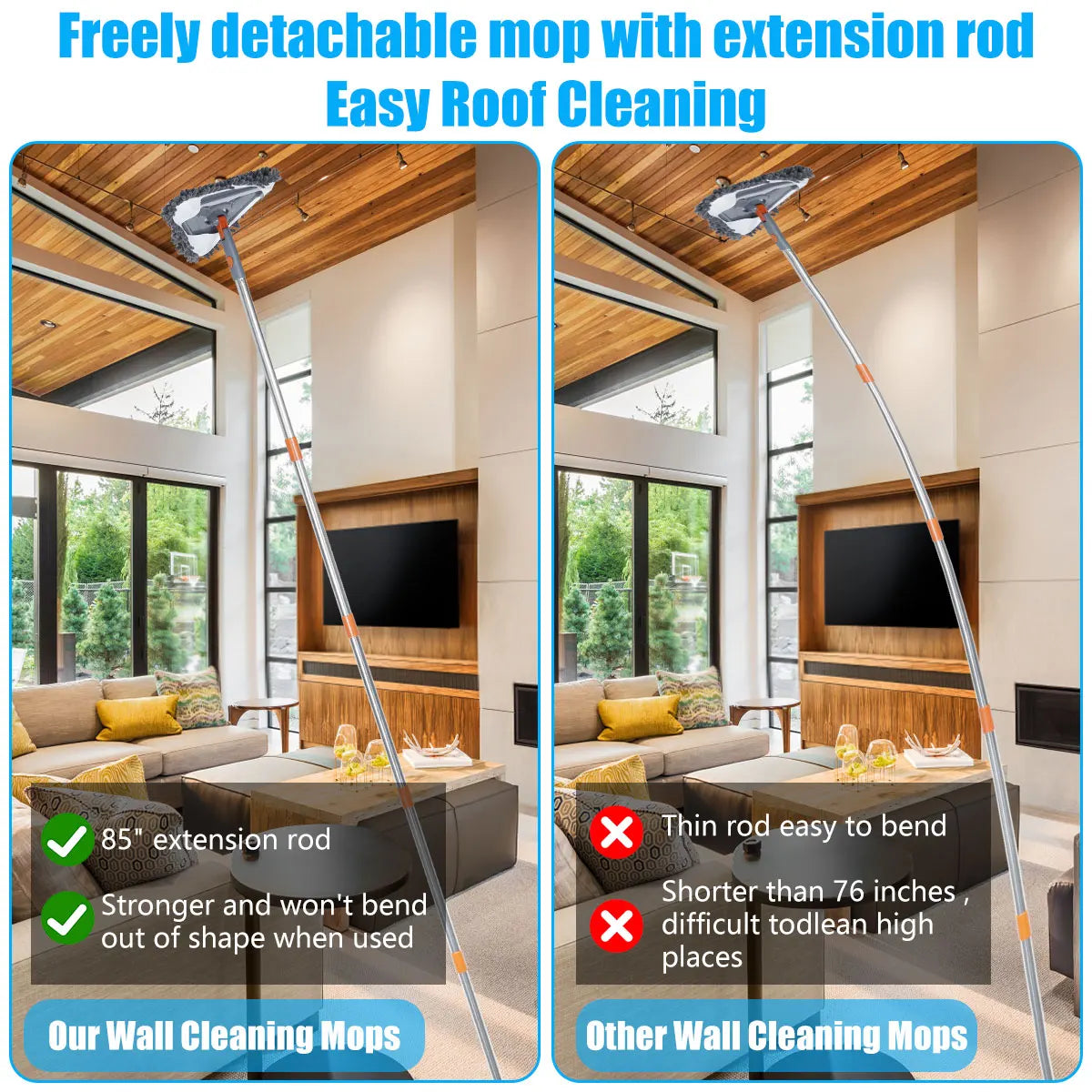 1Set Wall Mop with Long Handle 360° Rotating Triangle Microfiber Wall Cleaning Mop Adjustable Dry Wet Dust Mop Cleaner for Floor