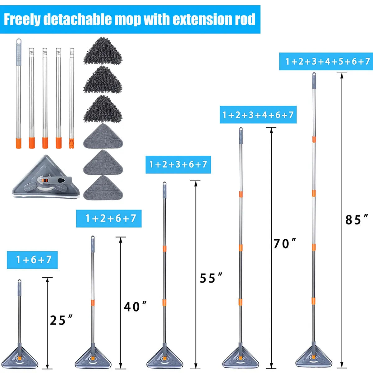 1Set Wall Mop with Long Handle 360° Rotating Triangle Microfiber Wall Cleaning Mop Adjustable Dry Wet Dust Mop Cleaner for Floor
