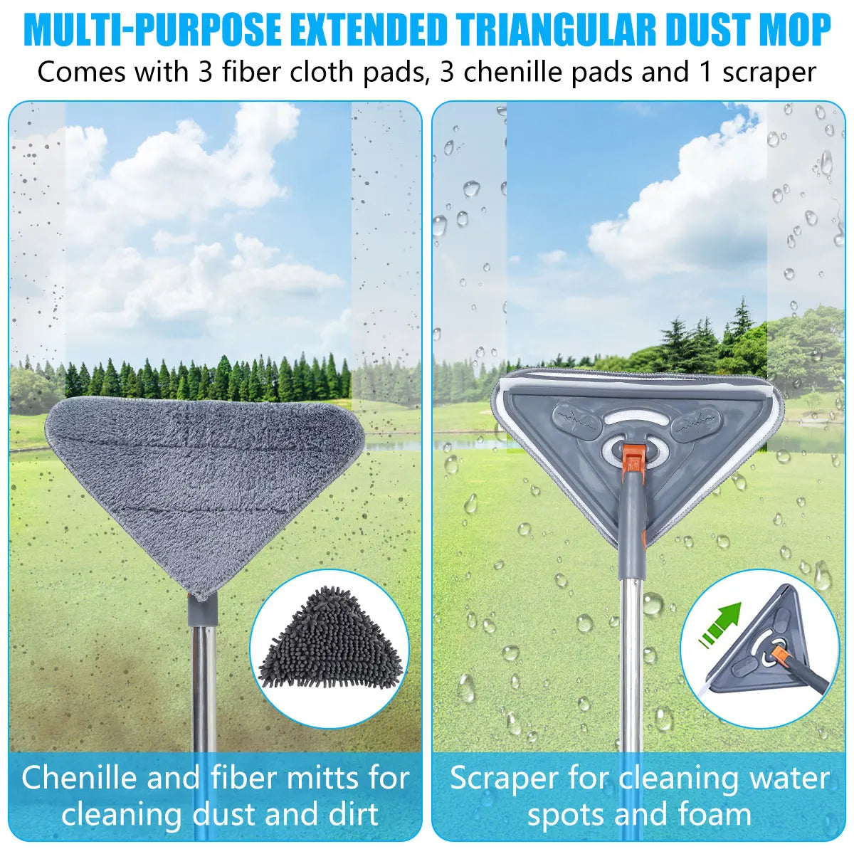 1Set Wall Mop with Long Handle 360° Rotating Triangle Microfiber Wall Cleaning Mop Adjustable Dry Wet Dust Mop Cleaner for Floor