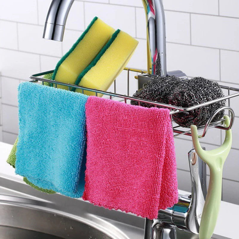 Faucet Storage Rack Stainless Steel Kitchen Sink Storage Rack Non Perforated Sponge Drain Basket Sink Cloth Hanging Basket