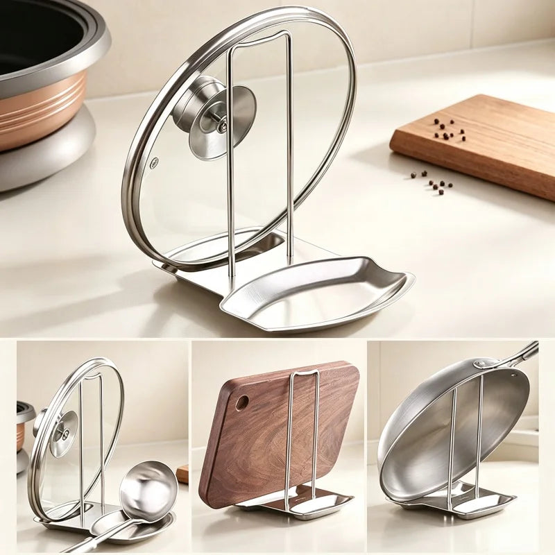 Stainless Steel Pot Lid Rack Detachable Pan Cover Shelf Kitchen Multifunctional Spatula Holder Spoon Stand Kitchen Accessories