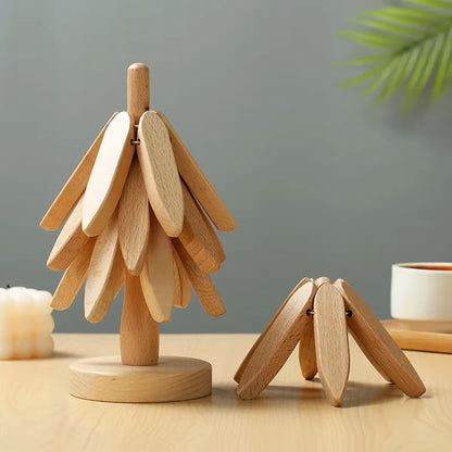 4PCS Tree Design Stand Bamboo Wooden Trivets Decorative anti Scald Heat Resistant Table Mat Coaster Wood Placemats Pot
