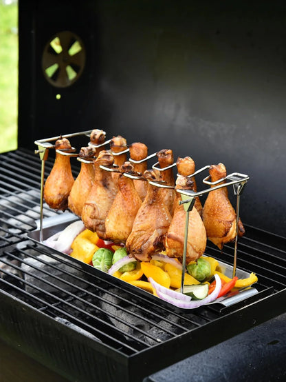 Chicken Leg Rack for Grill with Drip Tray- 14 Slots Chicken Wing Rack- Premium Stainless Steel Chicken Drumstick Rack for Smoker